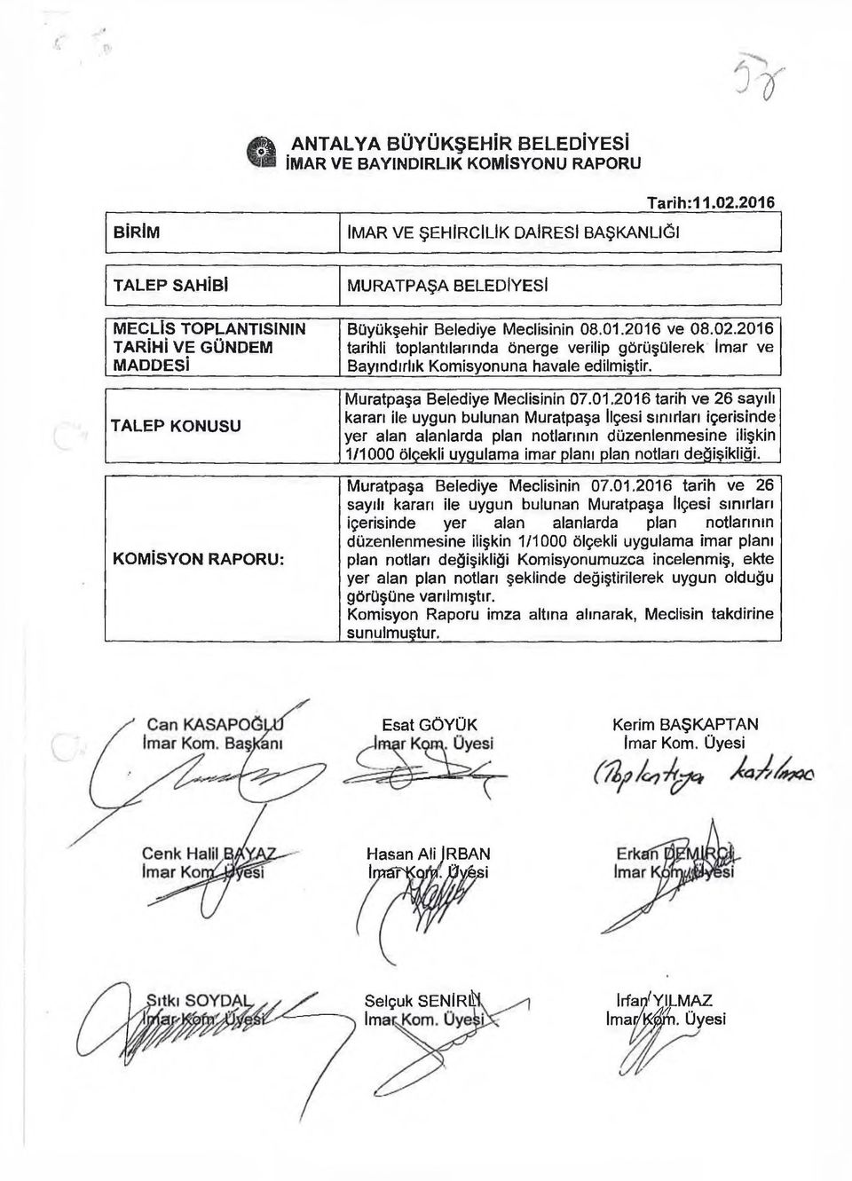 2016 trihli toplntılrınd Önerge verilip görüşülerek İmr ve Byındırlık Komisyonun hvle edilmiştir. Murtpş Belediye Meclisinin 07.01.2016 trih ve 26 syılı krrı ile uygun bulunn Murtpş İlçesi sınırlrı içerisinde yer ln lnlrd pln notlrının düzenlenmesine ilişkin 1/1000 ölçekli uygulm imr plnı pln notlrı değişikliği.