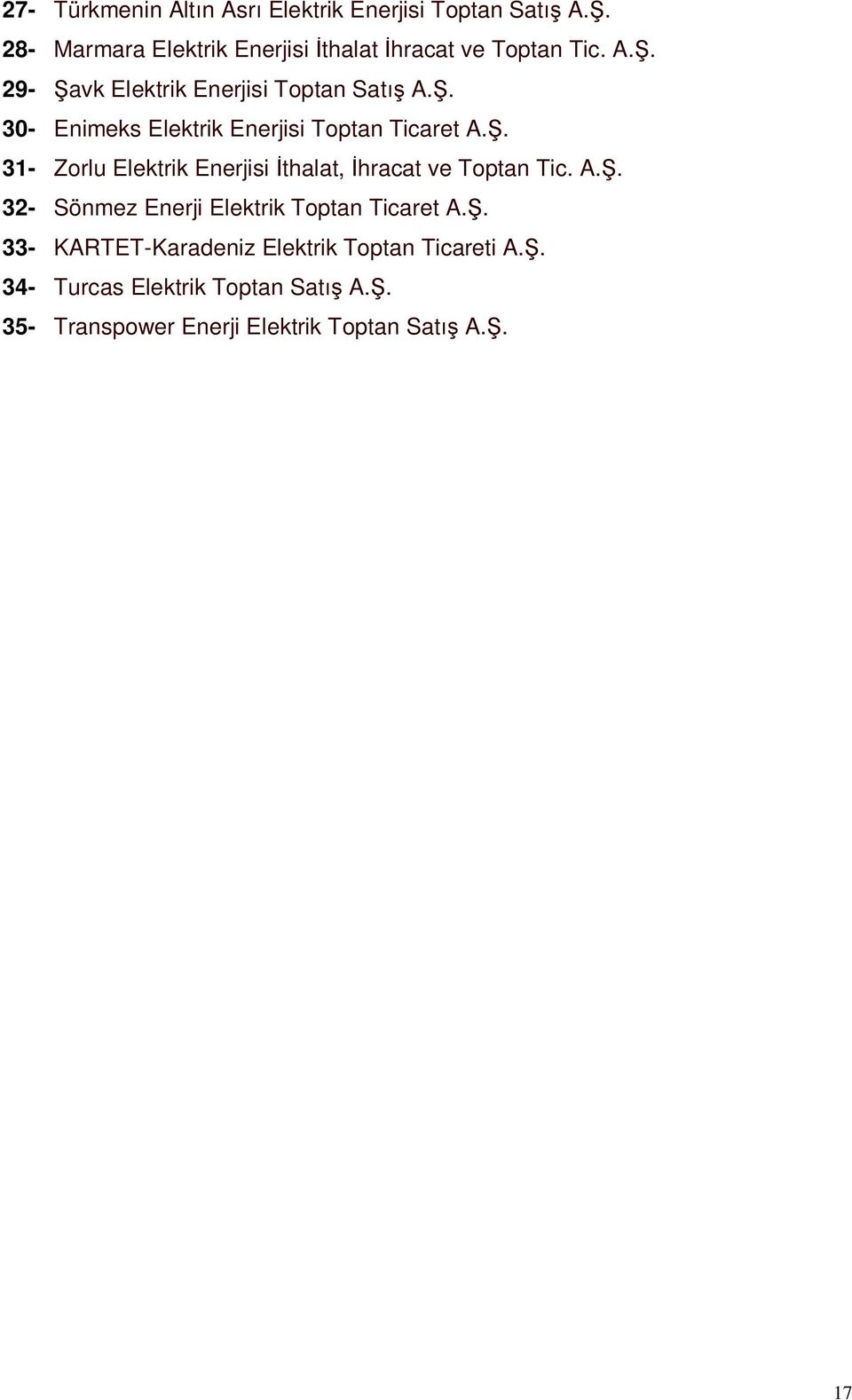 . 30- Enimeks Elektrik Enerjisi Toptan Ticaret A.. 31- Zorlu Elektrik Enerjisi thalat, hracat ve Toptan Tic. A.. 32- Sönmez Enerji Elektrik Toptan Ticaret A.