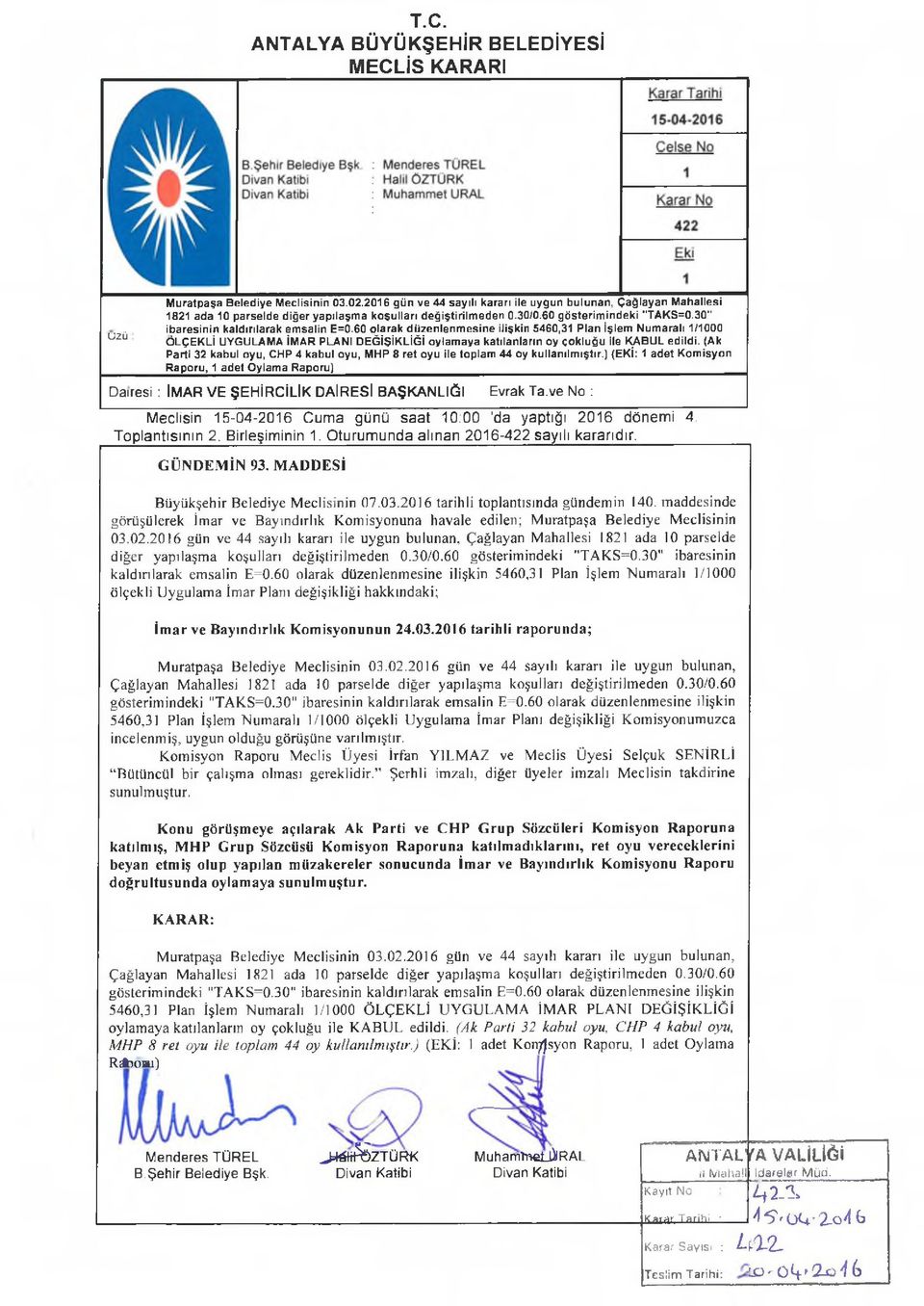 . ibaresinin kaldırılarak emsalin E=0.60 larak düzenlenmesine ilişkin 5460,31 Plan İşlem Numaralı 1/1000 uzu ÖLÇEKLİ UYGULAMA İMAR PLANI DEĞİŞİKLİĞİ ylamaya katılanların y çkluğu ile J^BUL edildi.