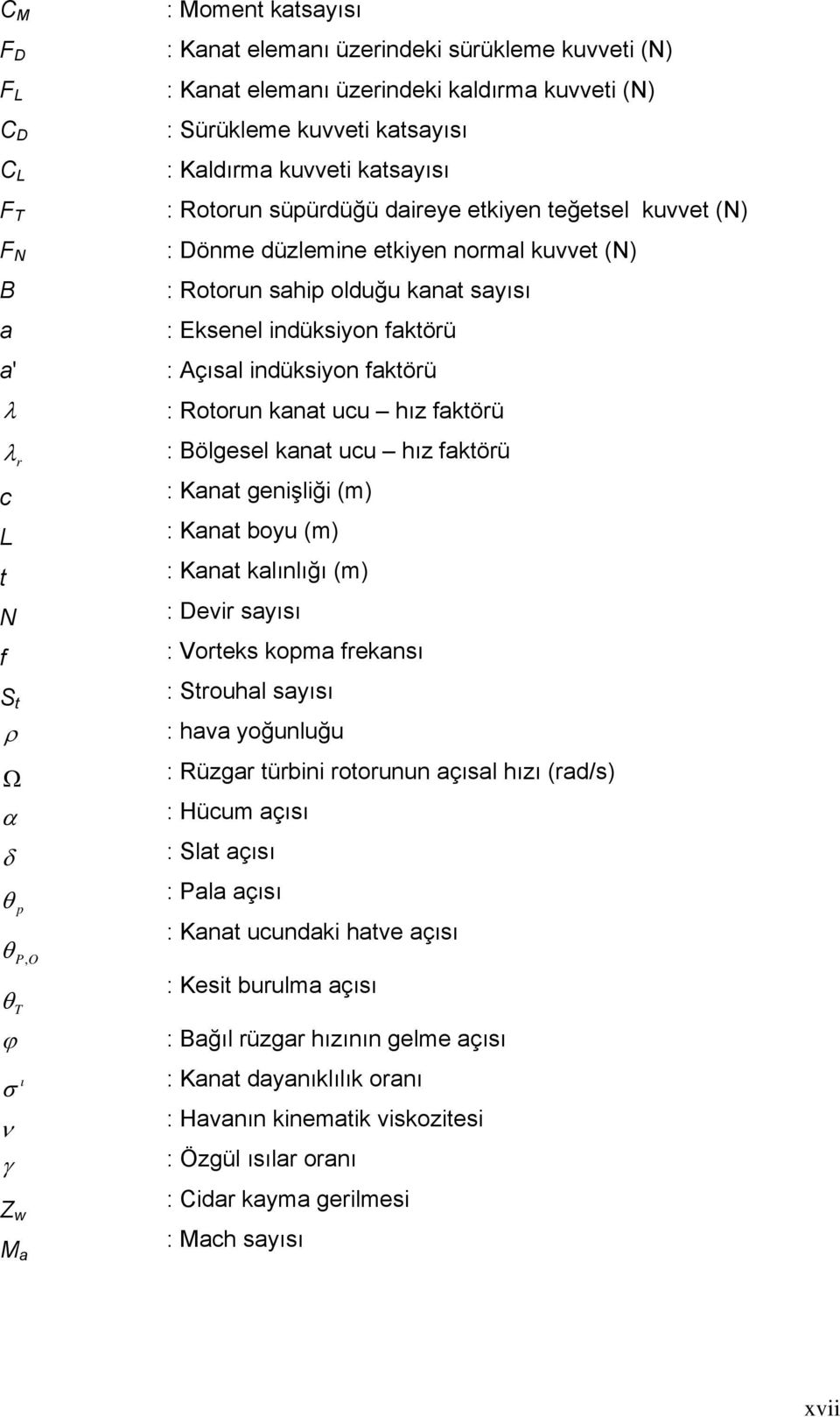 indüksiyon faktörü : Açısal indüksiyon faktörü : Rotorun kanat ucu hız faktörü : Bölgesel kanat ucu hız faktörü : Kanat genişliği (m) : Kanat boyu (m) : Kanat kalınlığı (m) : Devir sayısı : Vorteks