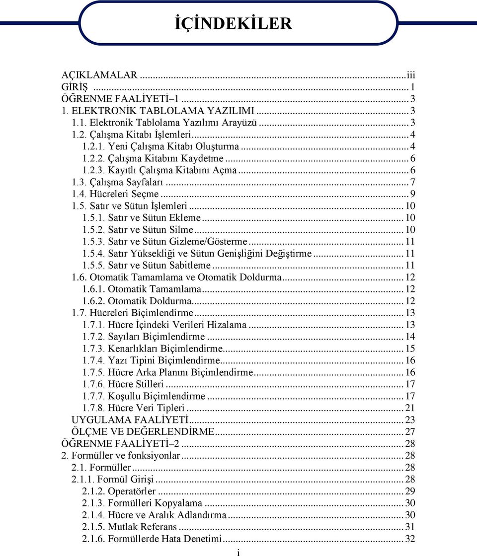 .. 10 1.5.2. Satır ve Sütun Silme... 10 1.5.3. Satır ve Sütun Gizleme/Gösterme... 11 1.5.4. Satır Yüksekliği ve Sütun Genişliğini Değiştirme... 11 1.5.5. Satır ve Sütun Sabitleme... 11 1.6.