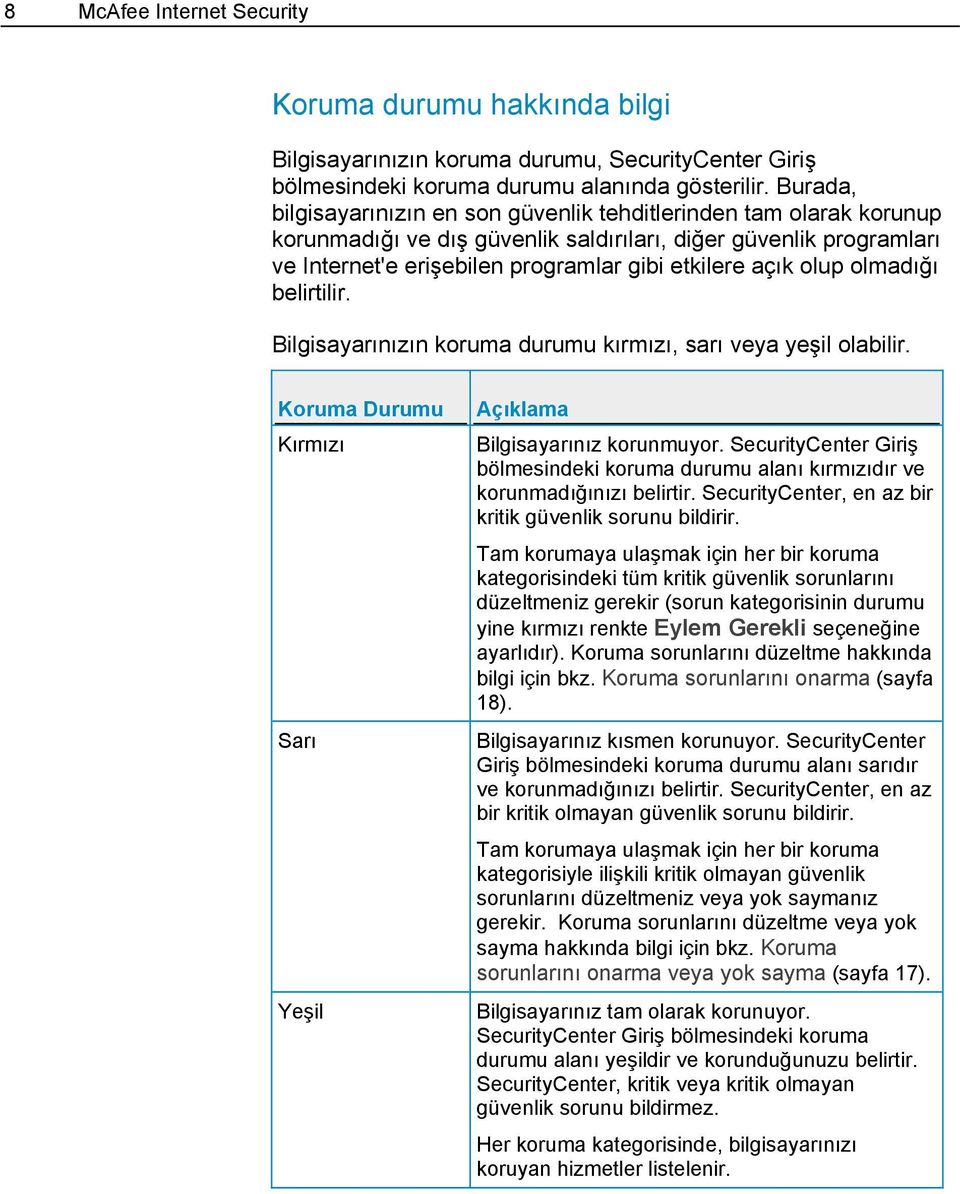 olup olmadığı belirtilir. Bilgisayarınızın koruma durumu kırmızı, sarı veya yeşil olabilir. Koruma Durumu Kırmızı Sarı Yeşil Açıklama Bilgisayarınız korunmuyor.