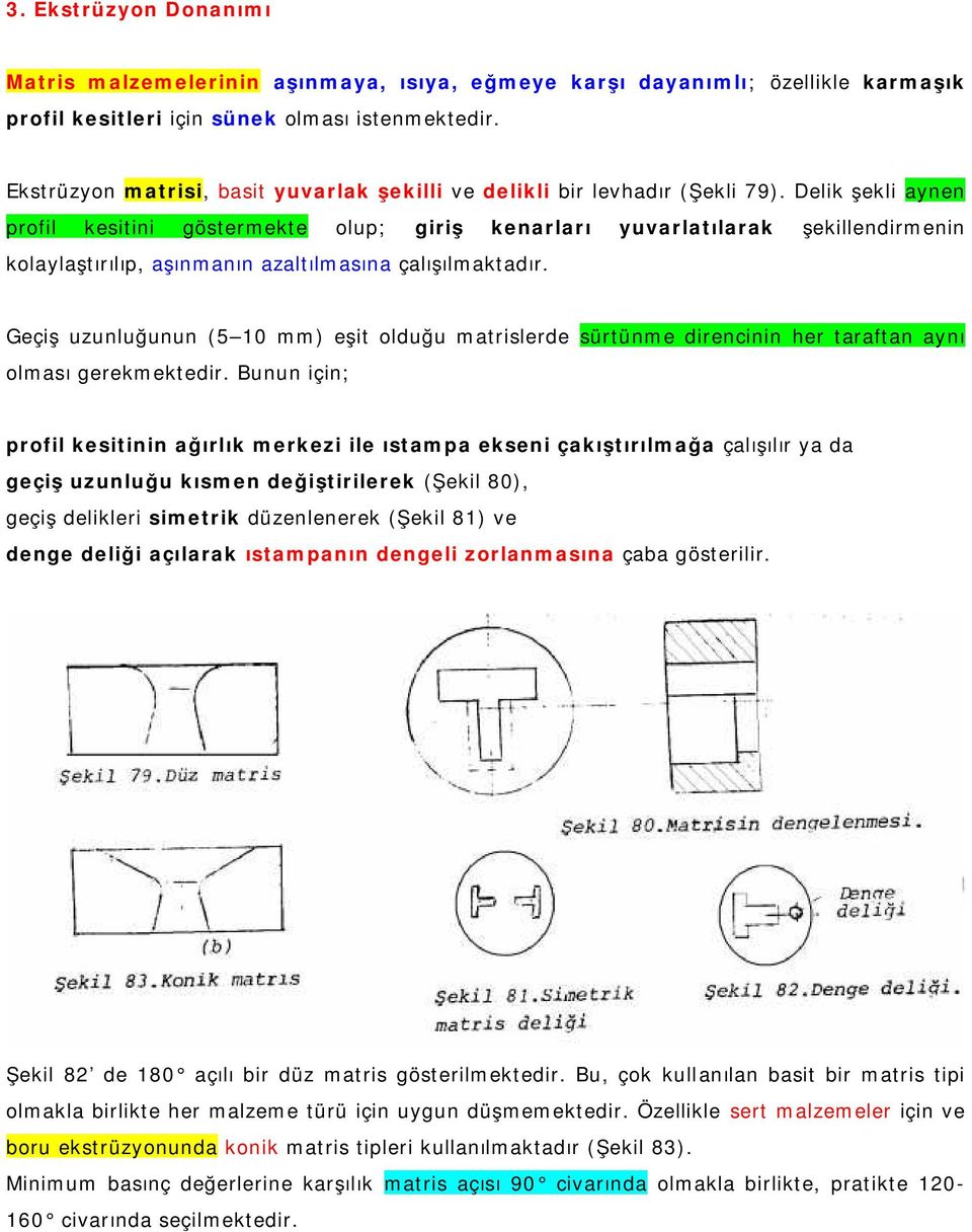 Delik şekli aynen profil kesitini göstermekte olup; giriş kenarları yuvarlatılarak şekillendirmenin kolaylaştırılıp, aşınmanın azaltılmasına çalışılmaktadır.