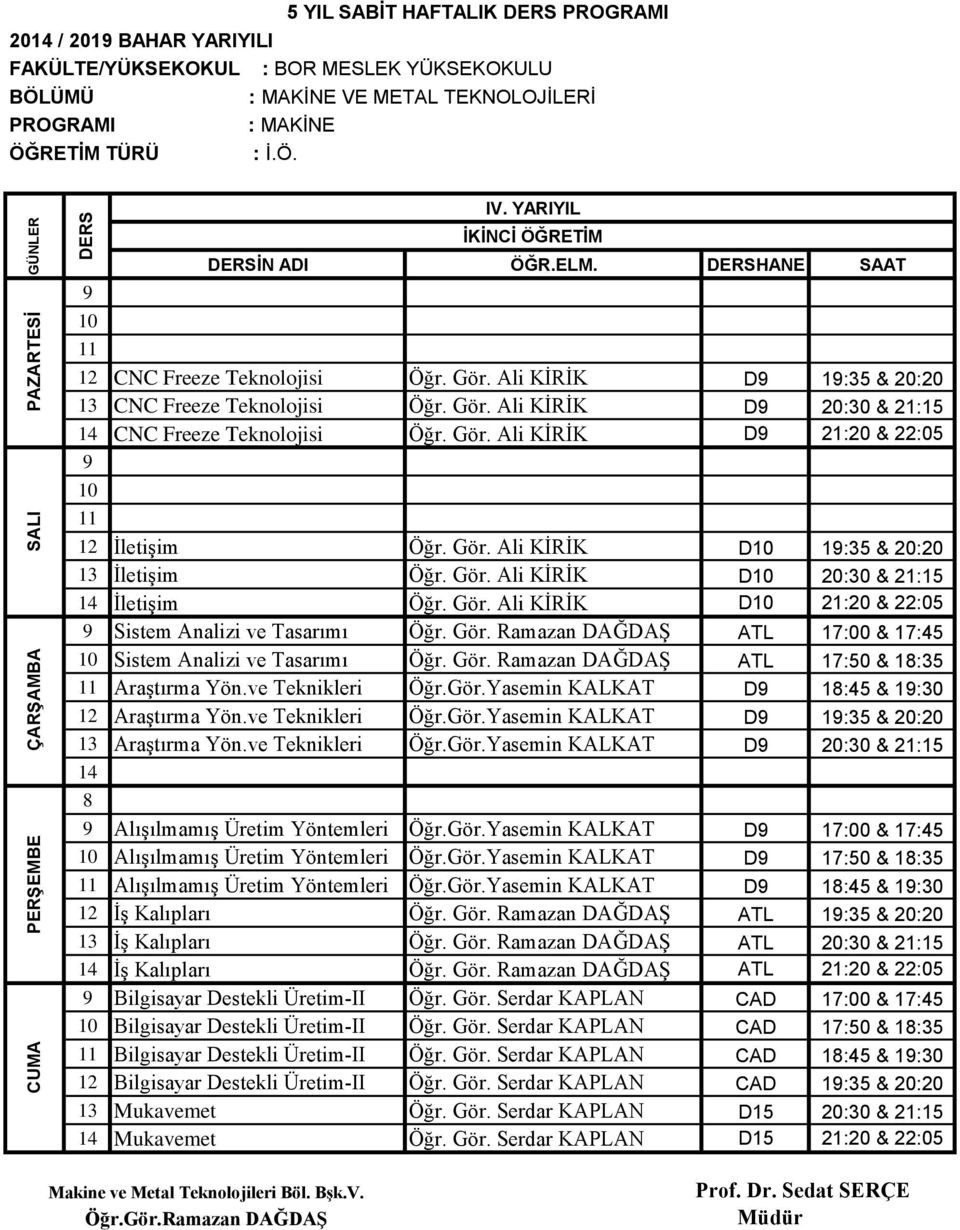 Gör. Ali KİRİK D0 :0 & :0 9 Sistem Analizi ve Tasarımı Öğr. Gör. Ramazan DAĞDAŞ ATL :00 & : 0 Sistem Analizi ve Tasarımı Öğr. Gör. Ramazan DAĞDAŞ ATL :0 & : Araştırma Yön.ve Teknikleri Öğr.Gör.Yasemin KALKAT D9 : & 9:0 Araştırma Yön.