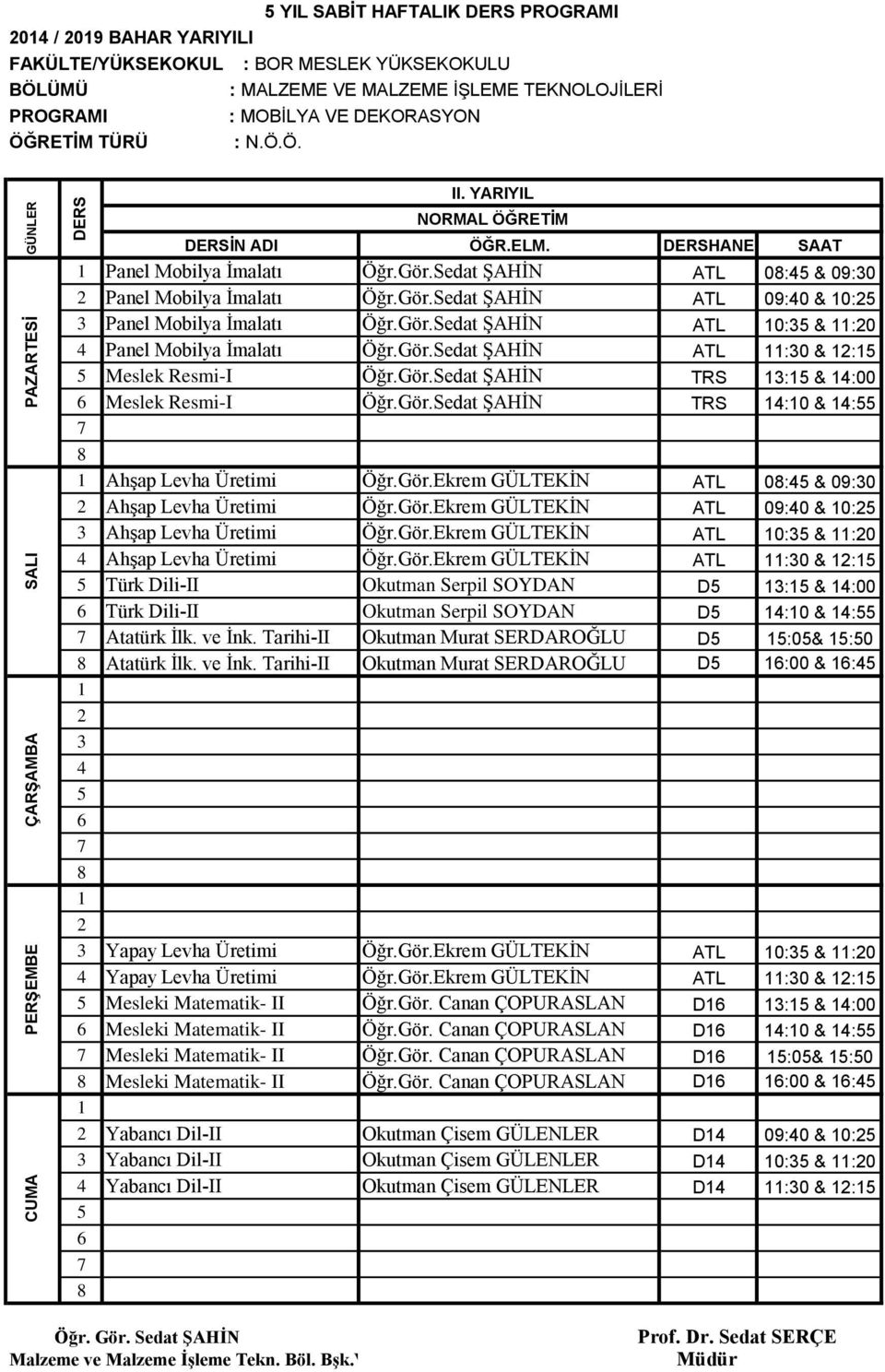 Gör.Sedat ŞAHİN TRS : & :00 Meslek Resmi-I Öğr.Gör.Sedat ŞAHİN TRS :0 & : Ahşap Levha Üretimi Öğr.Gör.Ekrem GÜLTEKİN ATL 0: & 09:0 Ahşap Levha Üretimi Öğr.Gör.Ekrem GÜLTEKİN ATL 09:0 & 0: Ahşap Levha Üretimi Öğr.