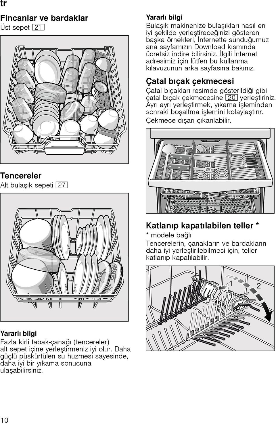 Çatal bıçak çekmecesi Çatal bıçakları resimde gösterildi i gibi çatal bıçak çekmecesine 1" yerle tiriniz. Ayrı ayrı yerle tirmek, yıkama i leminden sonraki bo altma i lemini kolayla tırır.