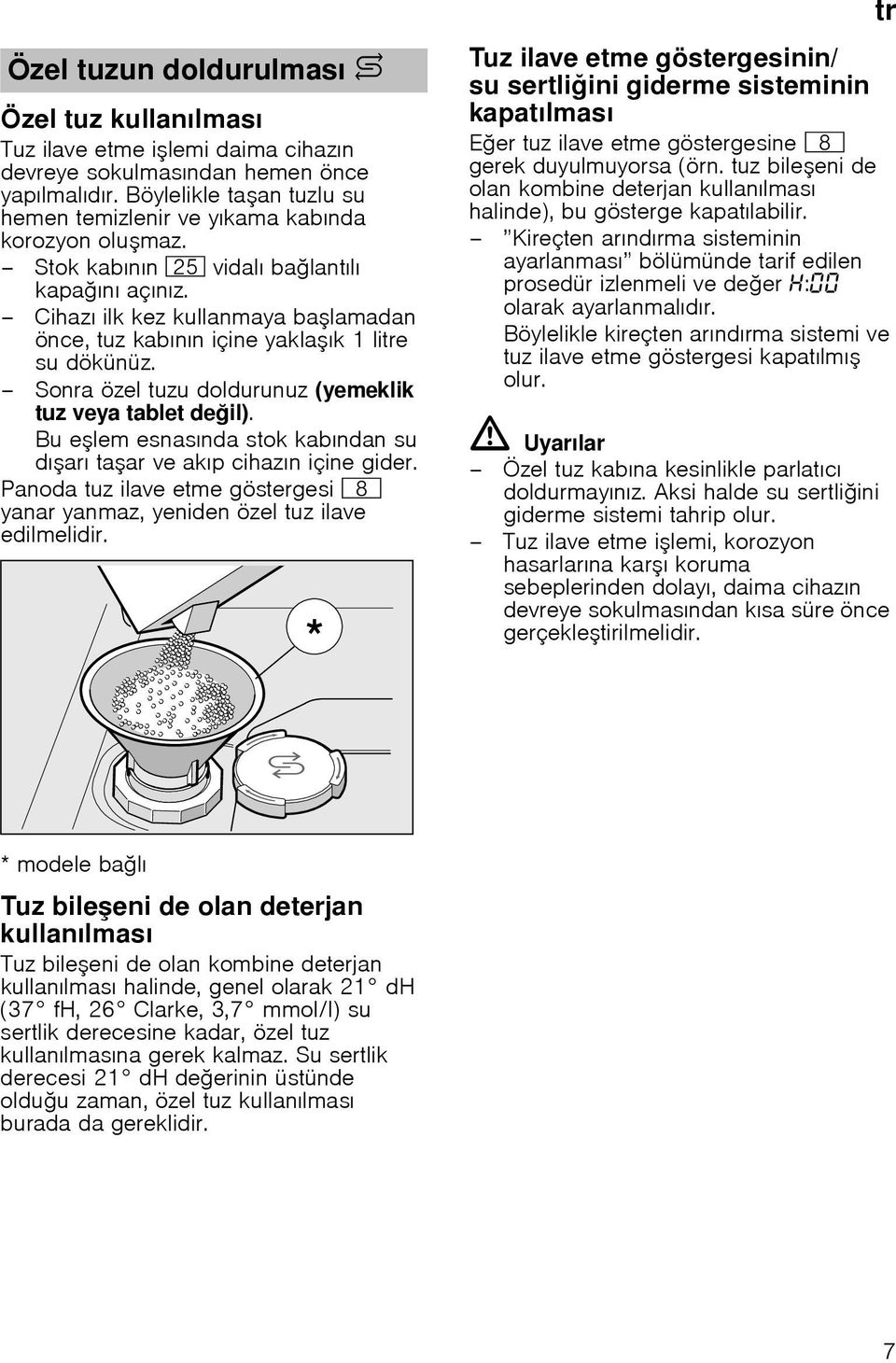 Cihazı ilk kez kullanmaya ba lamadan önce, tuz kabının içine yakla ık 1 litre su dökünüz. Sonra özel tuzu doldurunuz (yemeklik tuz veya tablet de il).