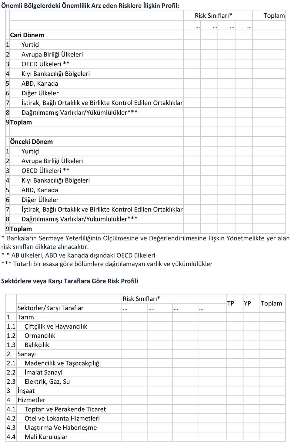 Ülkeler 7 İştirak, Bağlı Ortaklık ve Birlikte Kontrol Edilen Ortaklıklar 8 Dağıtılmamış Varlıklar/Yükümlülükler*** 9 * Bankaların Sermaye Yeterliliğinin Ölçülmesine ve Değerlendirilmesine İlişkin