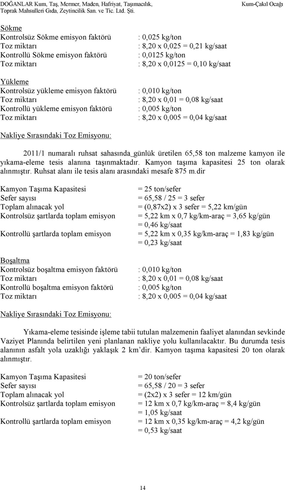 0,025 kg/ton : 8,20 x 0,025 = 0,21 kg/saat : 0,0125 kg/ton : 8,20 x 0,0125 = 0,10 kg/saat : 0,010 kg/ton : 8,20 x 0,01 = 0,08 kg/saat : 0,005 kg/ton : 8,20 x 0,005 = 0,04 kg/saat Nakliye Sırasındaki