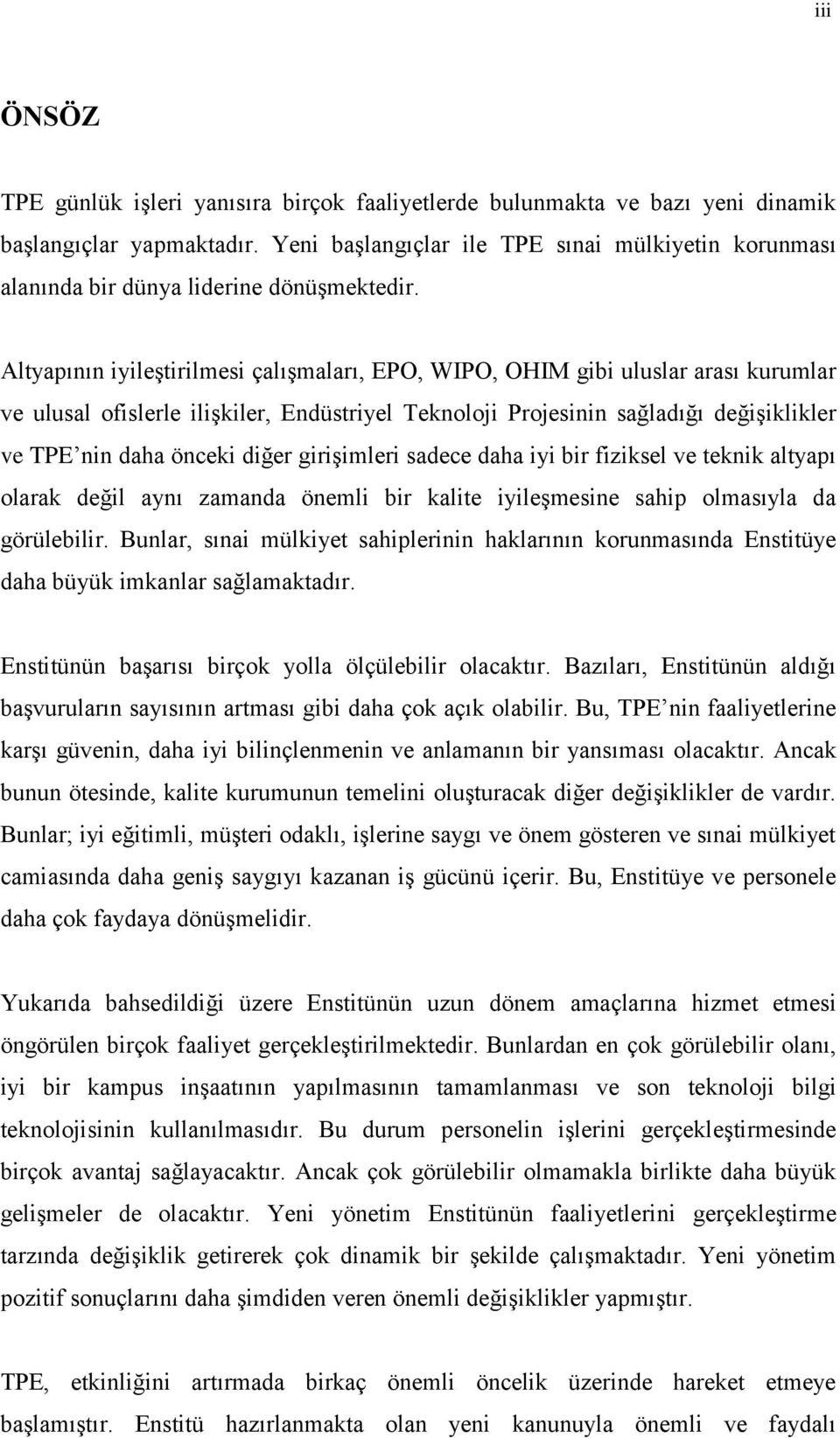 Altyapının iyileştirilmesi çalışmaları, EPO, WIPO, OHIM gibi uluslar arası kurumlar ve ulusal ofislerle ilişkiler, Endüstriyel Teknoloji Projesinin sağladığı değişiklikler ve TPE nin daha önceki