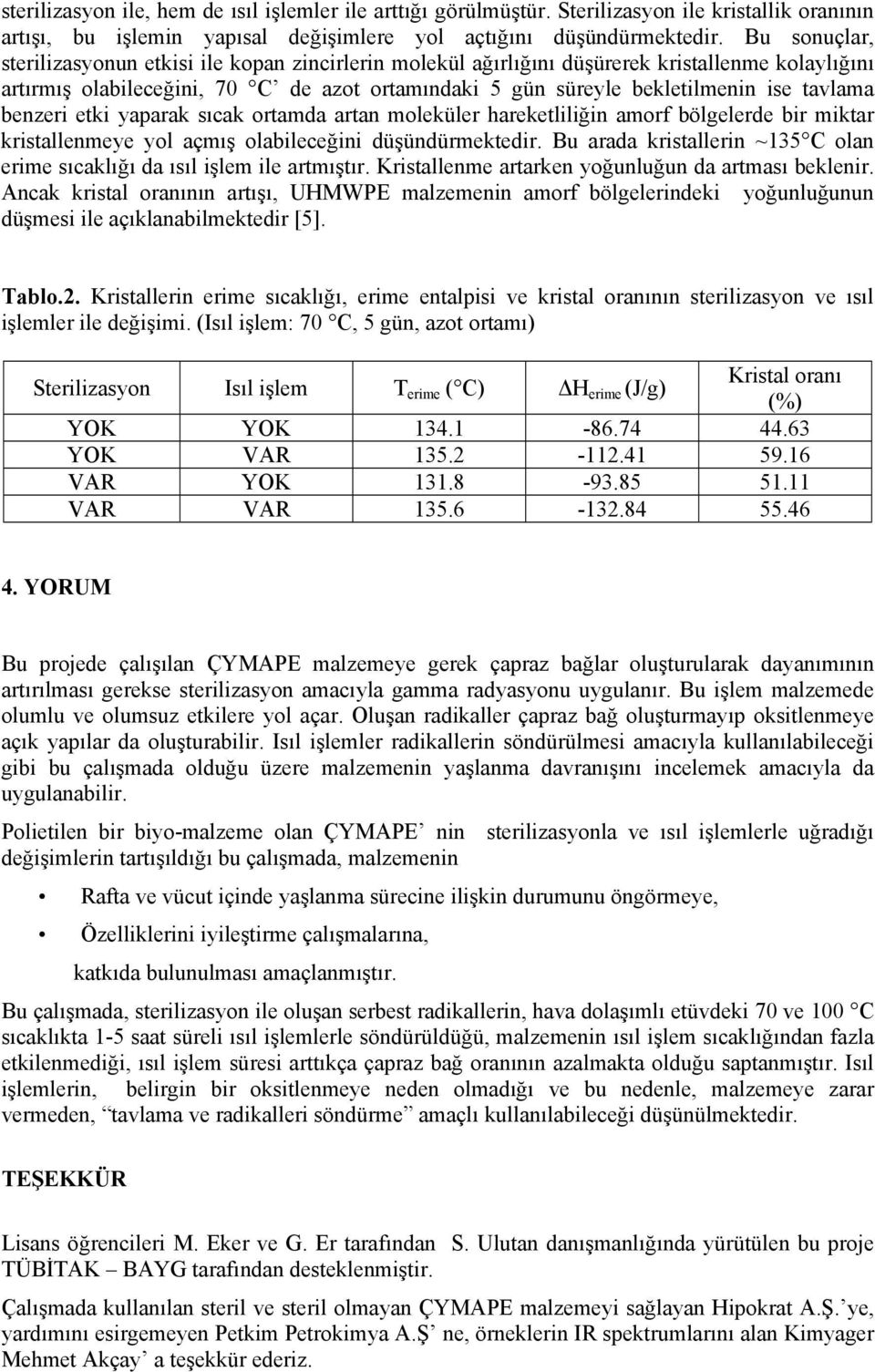 tavlama benzeri etki yaparak sıcak ortamda artan moleküler hareketliliğin amorf bölgelerde bir miktar kristallenmeye yol açmış olabileceğini düşündürmektedir.