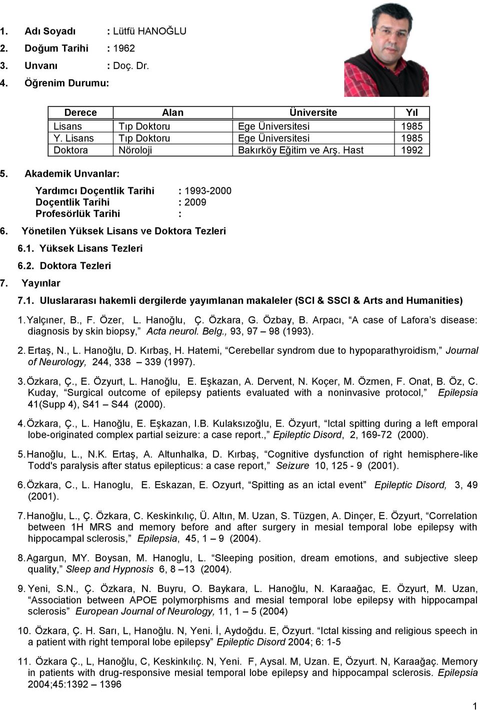 Yönetilen Yüksek Lisans ve Doktora Tezleri 6.1. Yüksek Lisans Tezleri 6.2. Doktora Tezleri 7. Yayınlar 7.1. Uluslararası hakemli dergilerde yayımlanan makaleler (SCI & SSCI & Arts and Humanities) 1.