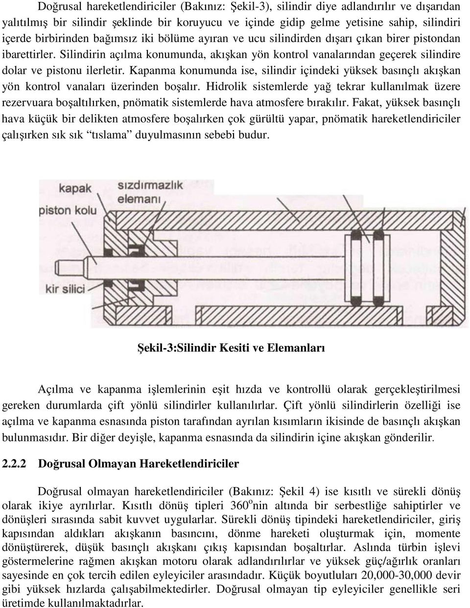 Silindirin açılma konumunda, akışkan yön kontrol vanalarından geçerek silindire dolar ve pistonu ilerletir.