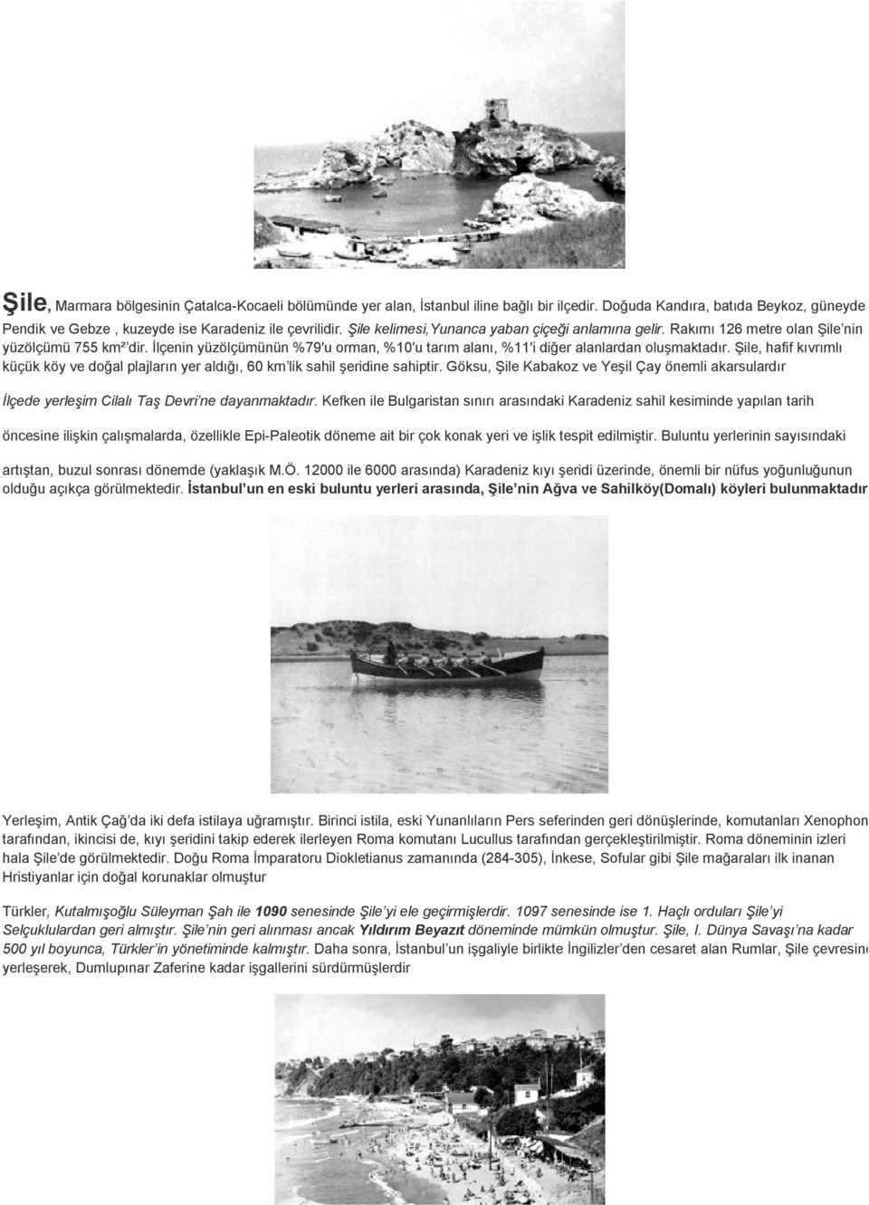 Şile, hafif kıvrımlı küçük köy ve doğal plajların yer aldığı, 60 km lik sahil şeridine sahiptir. Göksu, Şile Kabakoz ve Yeşil Çay önemli akarsulardır İlçede yerleşim Cilalı Taş Devri ne dayanmaktadır.