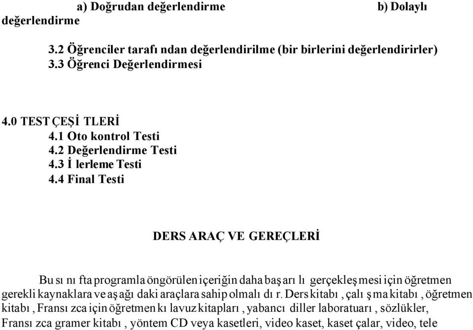 4 Final Testi DERS ARAÇ VE GEREÇLERİ Bu sınıfta programla öngörülen içeriğin daha başarılı gerçekleşmesi için öğretmen gerekli kaynaklara ve aşağıdaki