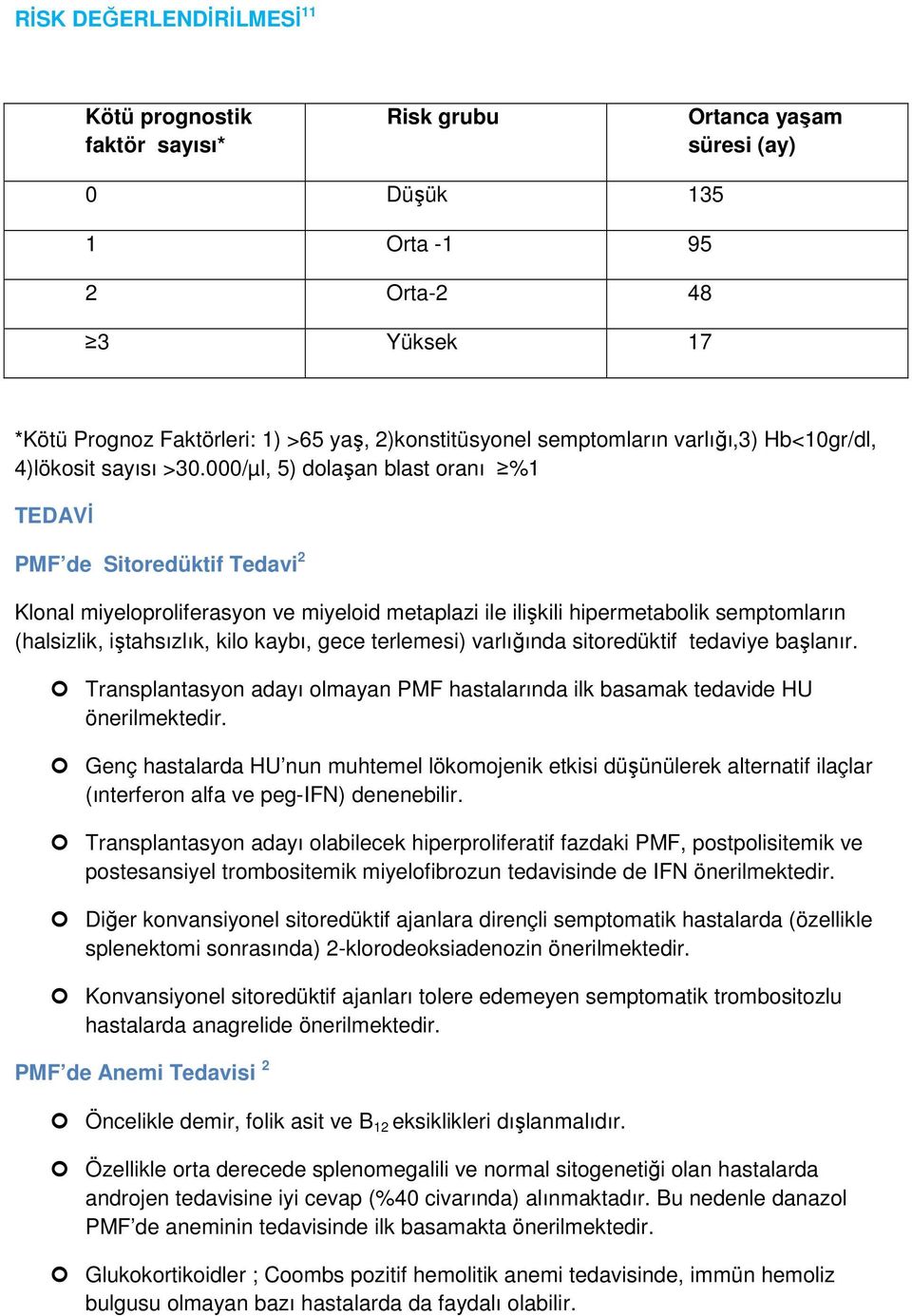 000/µl, 5) dolaşan blast oranı %1 TEDAVĐ PMF de Sitoredüktif Tedavi 2 Klonal miyeloproliferasyon ve miyeloid metaplazi ile ilişkili hipermetabolik semptomların (halsizlik, iştahsızlık, kilo kaybı,