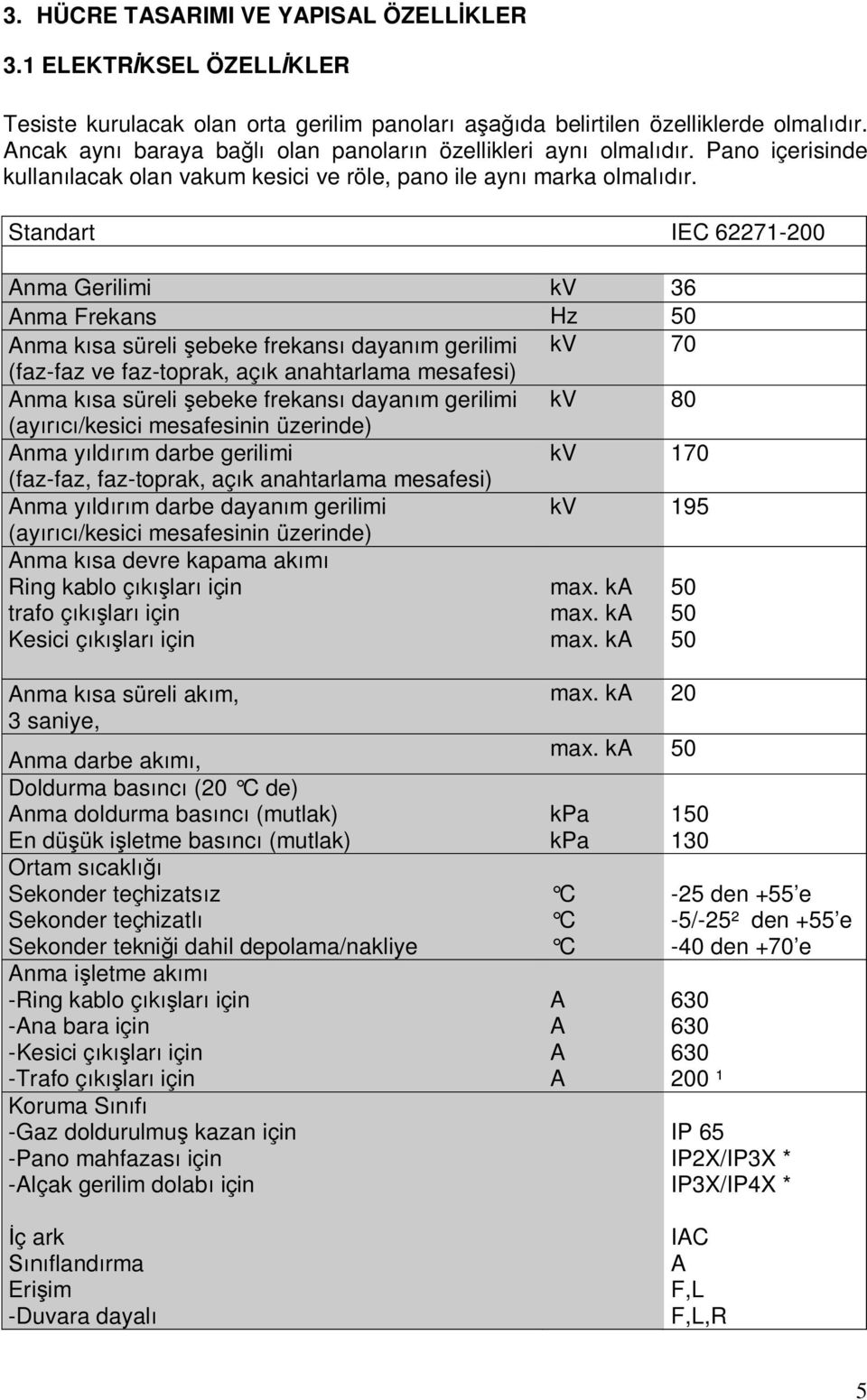 Standart IEC 62271-200 Anma Gerilimi kv 36 Anma Frekans Hz 50 Anma kısa süreli şebeke frekansı dayanım gerilimi kv 70 (faz-faz ve faz-toprak, açık anahtarlama mesafesi) Anma kısa süreli şebeke