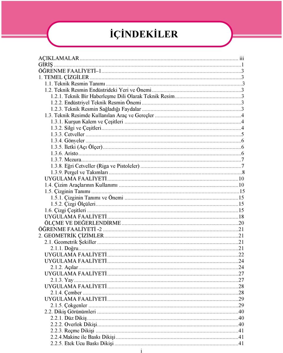 ..4 1.3.3. Cetveller...5 1.3.4. Gönyeler...6 1.3.5. İletki (Açı Ölçer)...6 1.3.6. Aristo...6 1.3.7. Mezura...7 1.3.8. Eğri Cetveller (Riga ve Pistoleler)...7 1.3.9. Pergel ve Takımları.