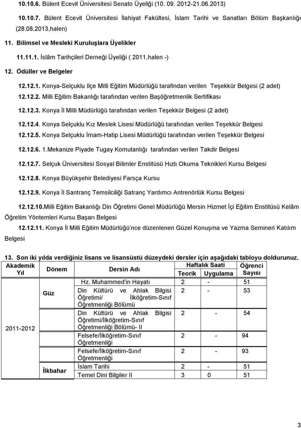 12.2. Milli Eğitim Bakanlığı tarafından verilen Başöğretmenlik Sertifikası 12.12.3. Konya İl Milli Müdürlüğü tarafından verilen Teşekkür Belgesi (2 adet) 12.12.4.