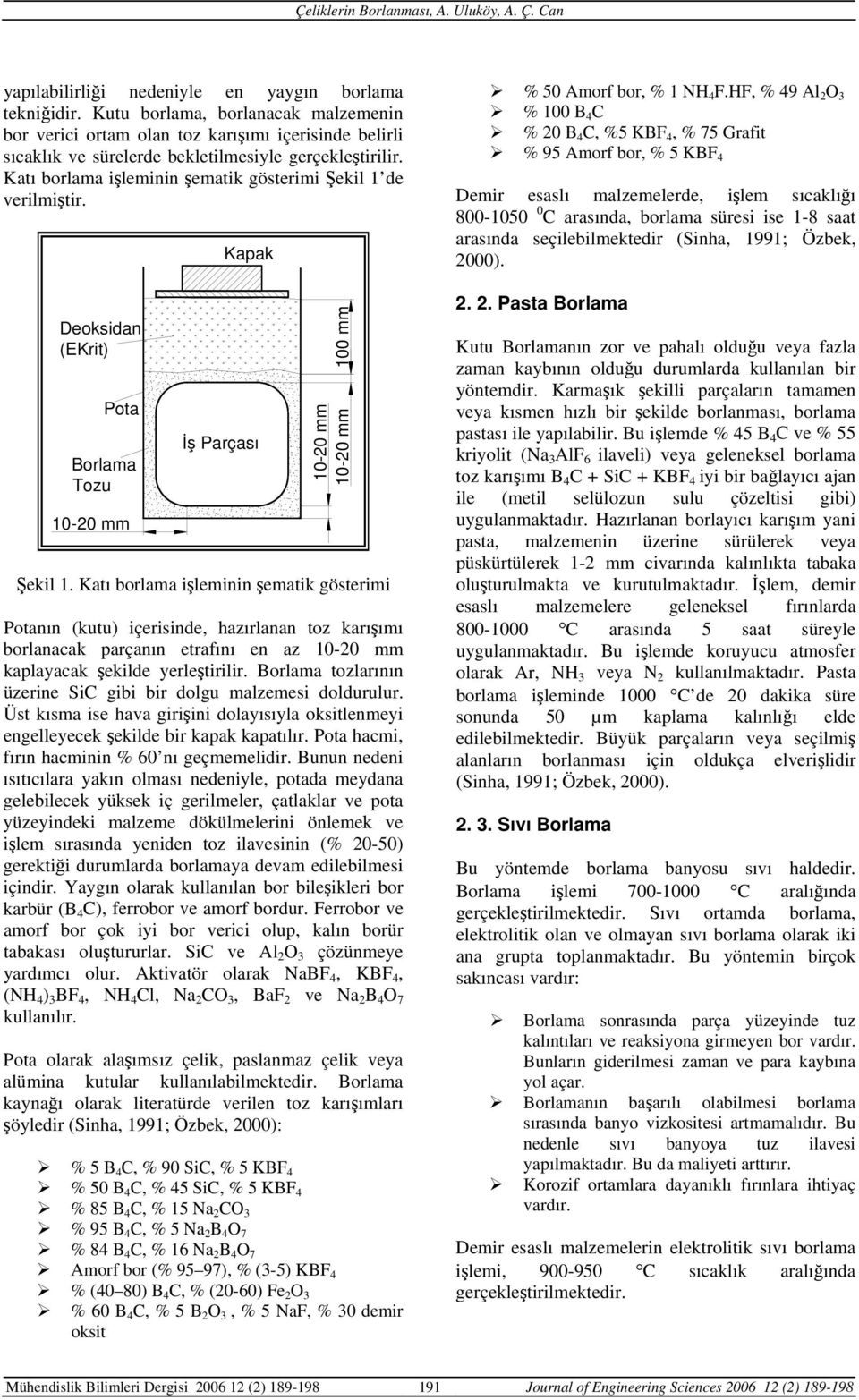 Katı borlama işleminin şematik gösterimi Şekil 1 de verilmiştir. Deoksidan (EKrit) Pota Borlama Tozu 10-20 mm Kapak İş Parçası 100 mm 10-20 mm 10-20 mm Şekil 1.