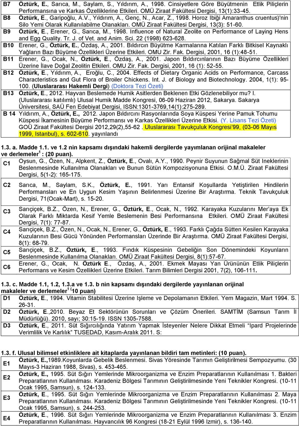 B9 Öztürk, E., Erener, G., Sarıca, M., 1998. Influence of Natural Zeolite on Performance of Laying Hens and Egg Quality. Tr. J. of Vet. and Anim. Sci. 22 (1998) 623-628. B10 Erener, G., Öztürk, E.