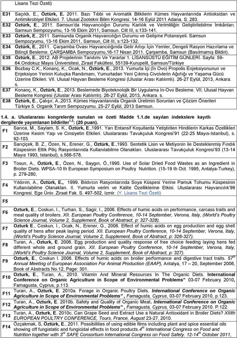 , 2011 Samsunda Organik Hayvancılığın Durumu ve GeliĢme Potansiyeli. Samsun Sempozyumu, 13-16 Ekim 2011, Samsun, Cilt III, s:123-132. E34 Öztürk, E., 2011. ÇarĢamba Ovası Hayvancılığında Gelir ArtıĢı Ġçin Yemler, Dengeli Rasyon Hazırlama ve Bilinçli Besleme.