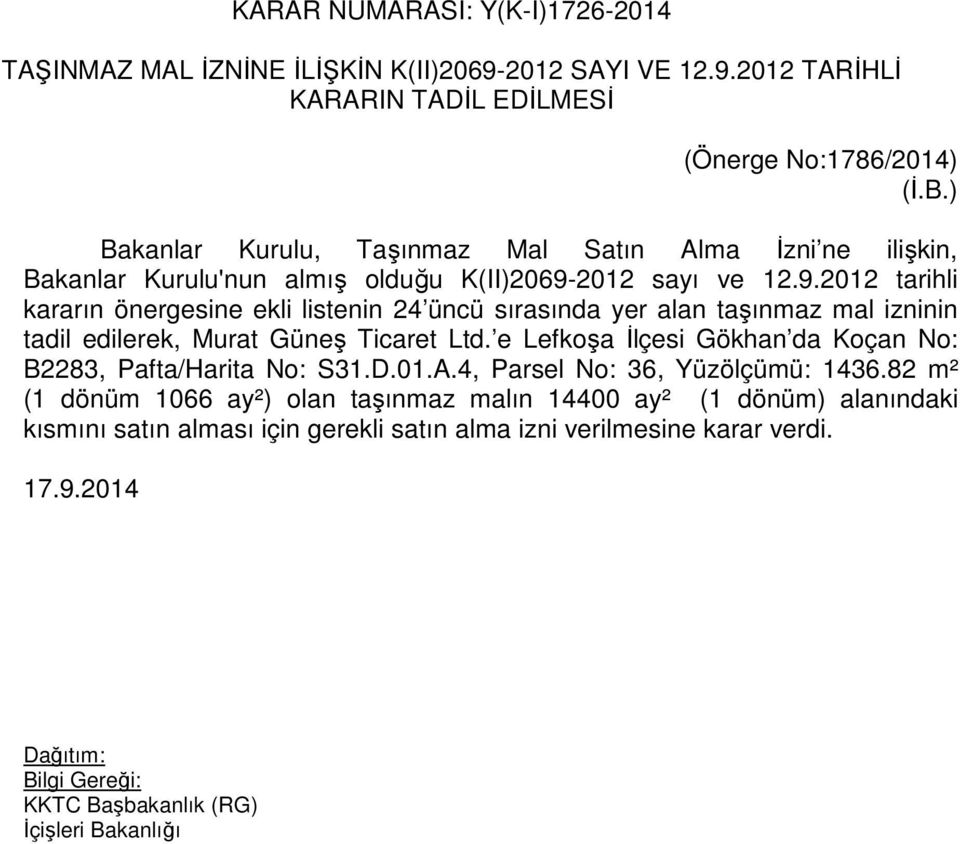 2012 sayı ve 12.9.2012 tarihli kararın önergesine ekli listenin 24 üncü sırasında yer alan taşınmaz mal izninin tadil edilerek, Murat Güneş Ticaret Ltd.