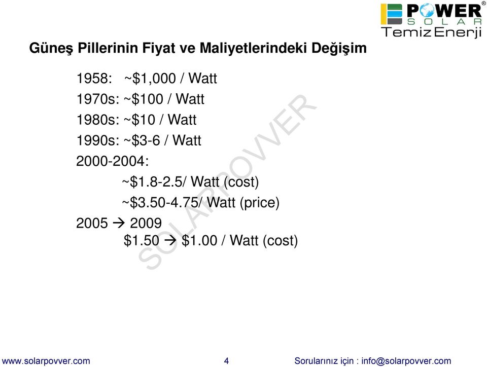 000-004: ~$1.8-.5/ Watt (cost) ~$3.50-4.75/ Watt (price) 005 009 $1.