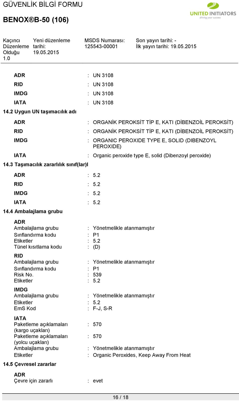 peroxide type E, solid (Dibenzoyl peroxide) ADR Ambalajlama grubu : Yönetmelikle atanmamıştır Sınflandırma kodu : P1 Etiketler : 5.