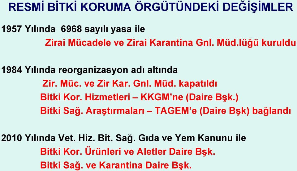 Hizmetleri KKGM ne (Daire Bşk.) Bitki Sağ. Araştırmaları TAGEM e (Daire Bşk) bağlandı 2010 Yılında Vet. Hiz.