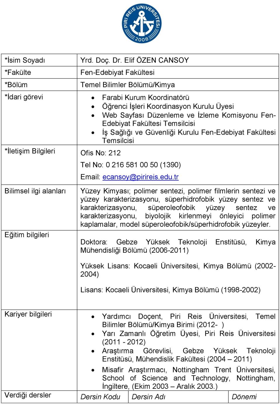 Edebiyat Fakültesi Temsilcisi İş Sağlığı ve Güvenliği Kurulu Fen-Edebiyat Fakültesi Temsilcisi *İletişim Bilgileri Ofis No: 212 Tel No: 0 216 581 00 50 (1390) Email: ecansoy@pirireis.edu.