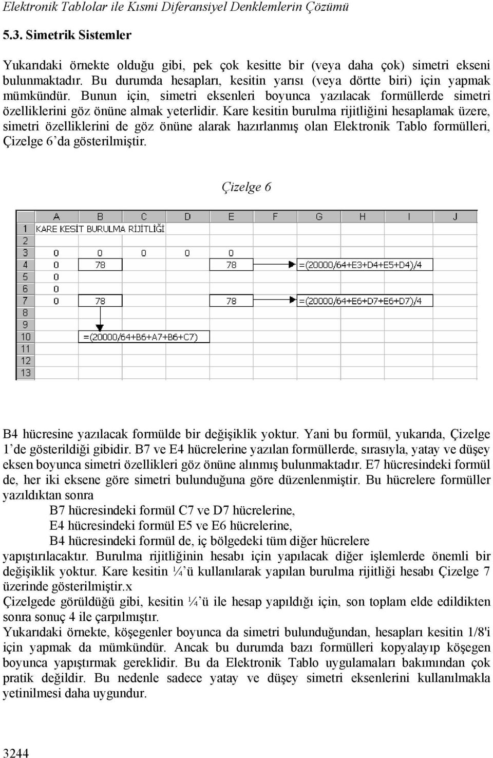 Kare kesitin burulma rijitliğini hesaplamak üzere, simetri özelliklerini de göz önüne alarak hazırlanmış olan Elektronik Tablo formülleri, Çizelge 6 da gösterilmiştir.