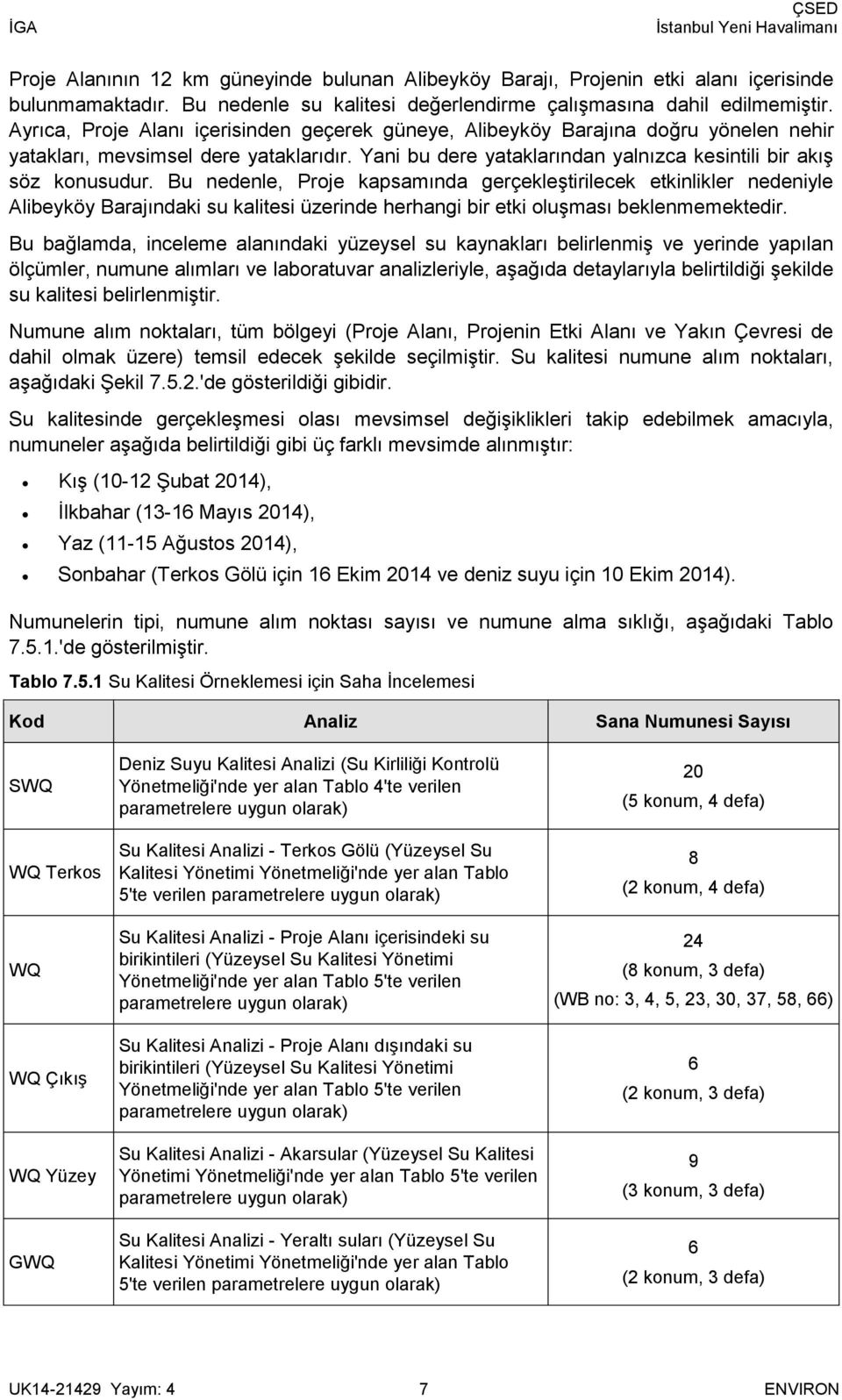 Bu nedenle, Proje kapsamında gerçekleştirilecek etkinlikler nedeniyle Alibeyköy Barajındaki su kalitesi üzerinde herhangi bir etki oluşması beklenmemektedir.