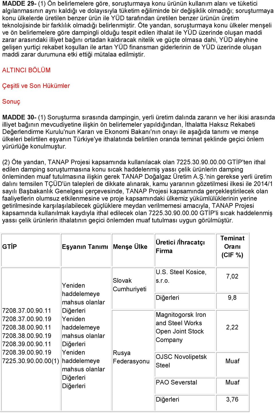 Öte yandan, soruşturmaya konu ülkeler menşeli ve ön belirlemelere göre dampingli olduğu tespit edilen ithalat ile YÜD üzerinde oluşan maddi zarar arasındaki illiyet bağını ortadan kaldıracak nitelik