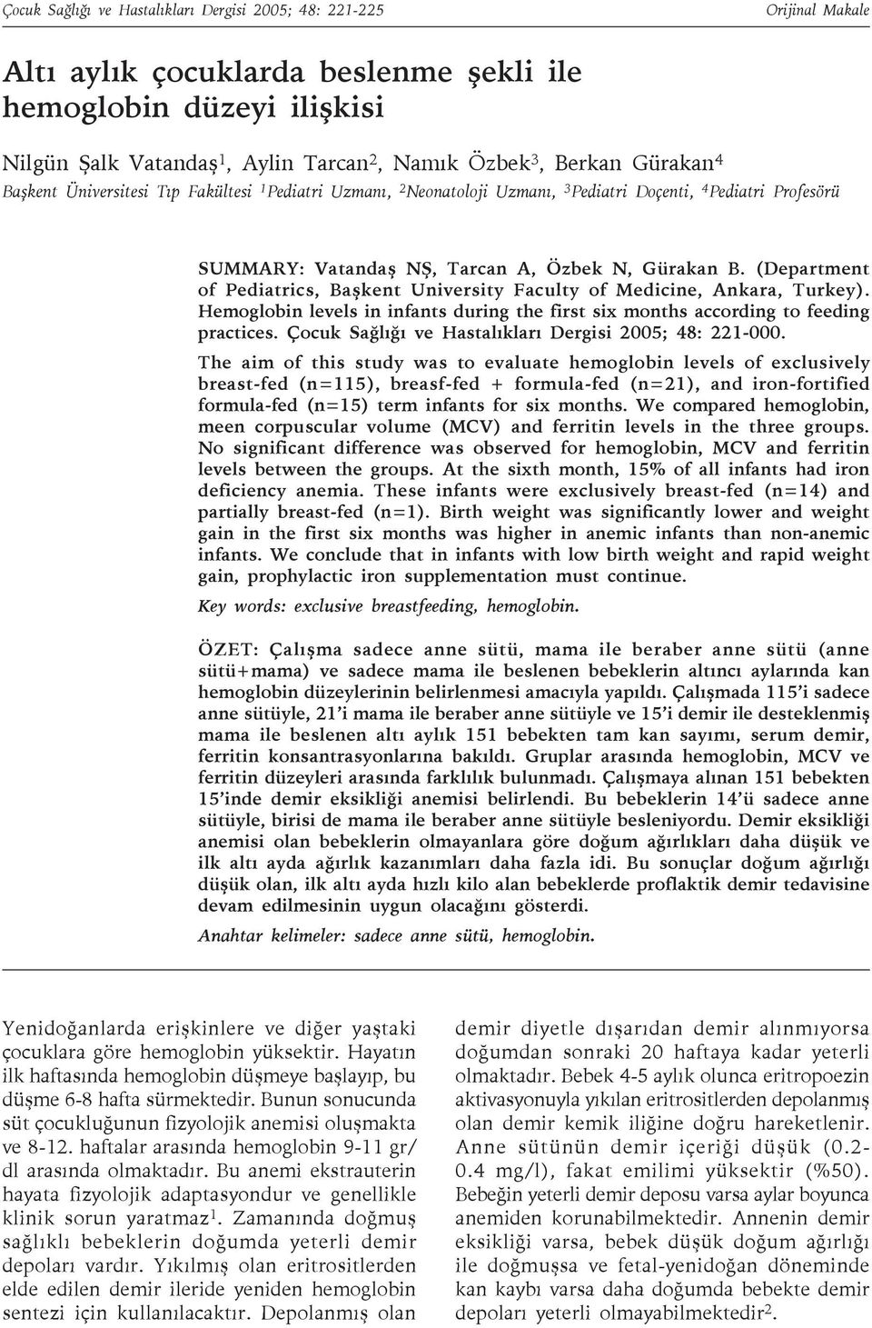 (Department of Pediatrics, Başkent University Faculty of Medicine, Ankara, Turkey). Hemoglobin levels in infants during the first six months according to feeding practices.