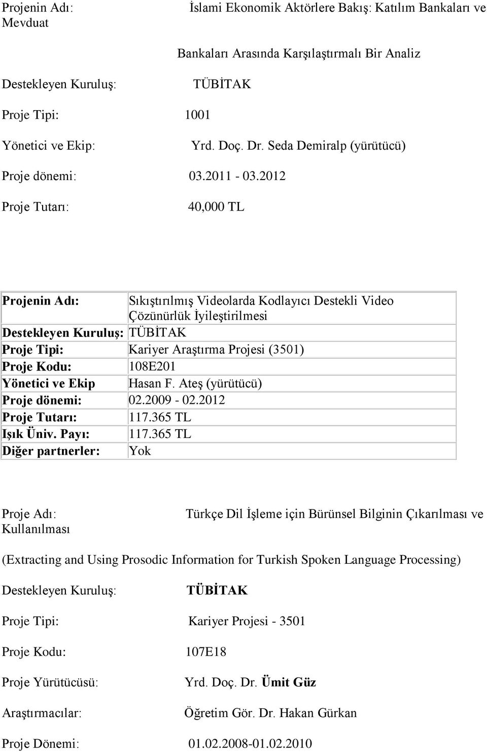 2012 Proje Tutarı: 40,000 TL Projenin Adı: Sıkıştırılmış Videolarda Kodlayıcı Destekli Video Çözünürlük İyileştirilmesi Destekleyen Kuruluş: Proje Tipi: Kariyer Araştırma Projesi (3501) Proje Kodu: