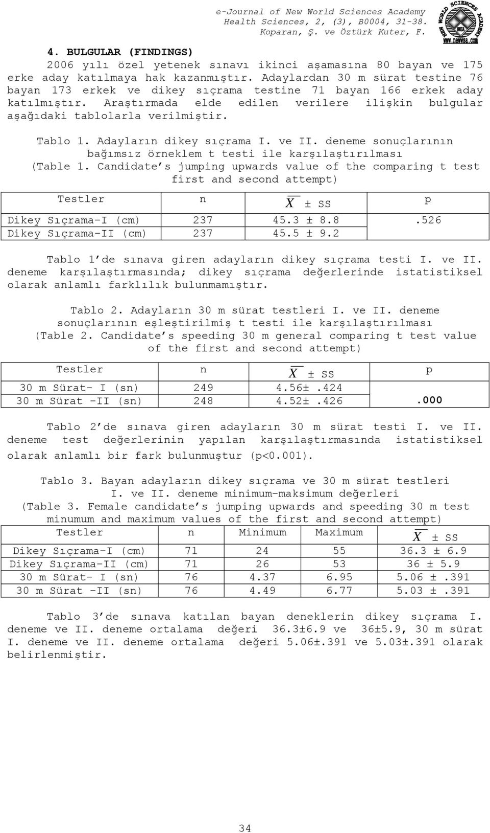 Tablo 1. Adayların dikey sıçrama I. ve II. deneme sonuçlarının bağımsız örneklem t testi ile karşılaştırılması (Table 1.