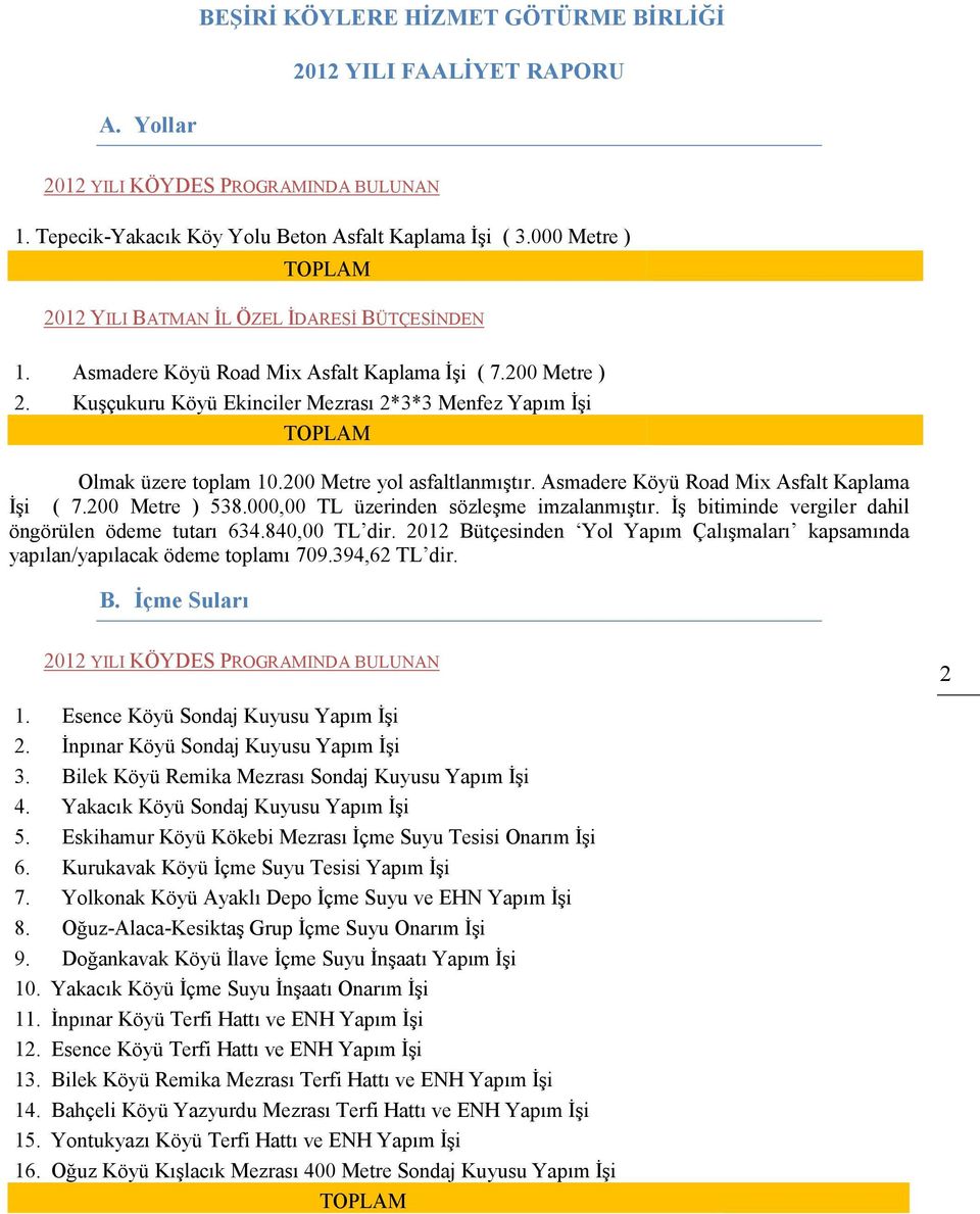 Kuşçukuru Köyü Ekinciler Mezrası 2*3*3 Menfez Yapım İşi TOPLAM Olmak üzere toplam 10.200 Metre yol asfaltlanmıştır. Asmadere Köyü Road Mix Asfalt Kaplama İşi ( 7.200 Metre ) 538.
