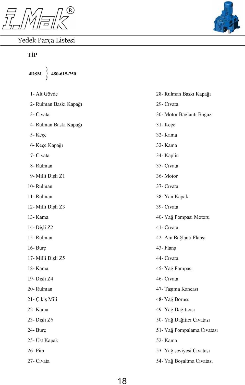 Motoru 14- Dili Z2 41- Cvata 15- Rulman 42- Ara Balant Flan 16- Burç 43- Flan 17- Milli Dili Z5 44- Cvata 18- Kama 45- Ya Pompas 19- Dili Z4 46- Cvata 20- Rulman 47- Tama Kancas 21- Çki