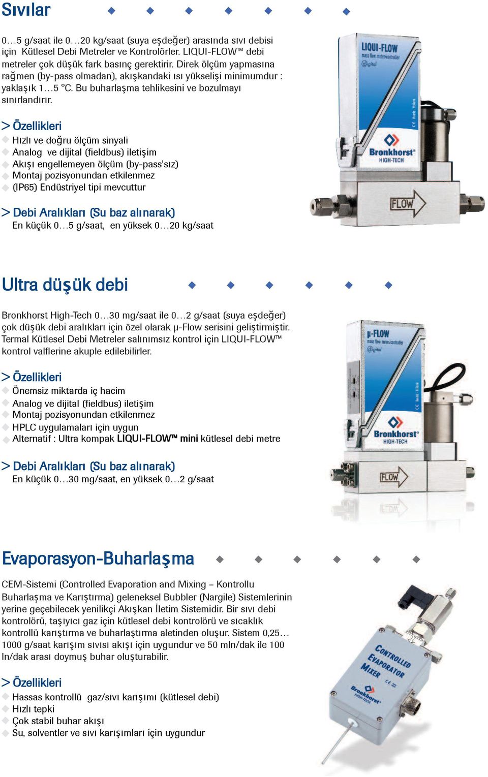 Hızlı ve doğru ölçüm sinyali Akışı engellemeyen ölçüm (by-pass sız) Montaj pozisyonundan etkilenmez (IP65) Endüstriyel tipi mevcuttur > Debi Aralıkları (Su baz alınarak) En küçük 0 5 g/saat, en