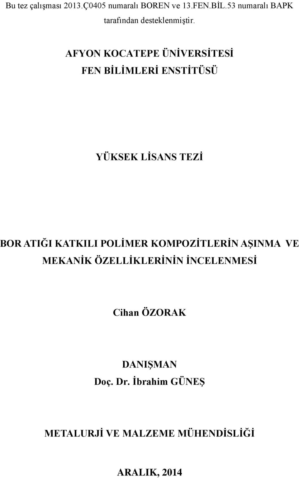 AFYON KOCATEPE ÜNİVERSİTESİ FEN BİLİMLERİ ENSTİTÜSÜ YÜKSEK LİSANS TEZİ BOR ATIĞI