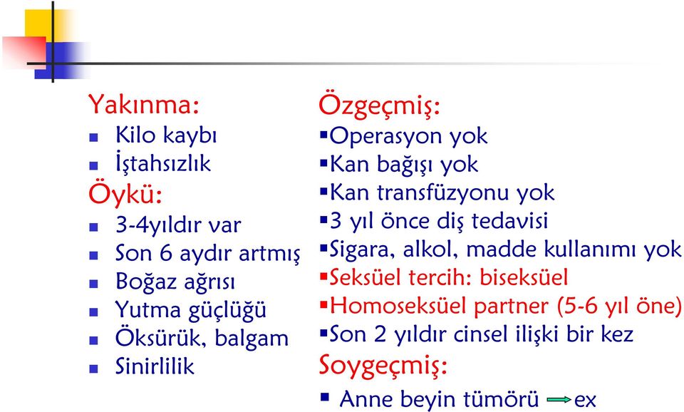 yok 3 yıl önce diş tedavisi Sigara, alkol, madde kullanımı yok Seksüel tercih: biseksüel