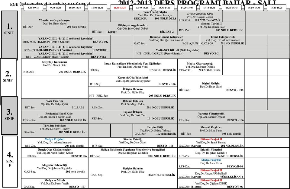 BESYO/108 YABANCI DİL -I1 (2011 kayıtlılar) HİT - ZOR (IGRUP) (Ders 4 Saattir) BESYO Z-2 RTS ZOR(IGRUP) (Ders 4 Saattir) BESYO/112 HİT Seç Sosyoloji Kuramları ProfDr Nimet Önür Web Tasarım