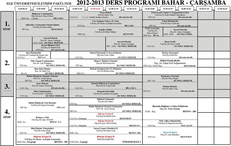 2012-2013 DERS PROGRAMI BAHAR - ÇARŞAMBA ilm Çözümlemeleri ProfDrDilek TAKIMCI Halkla İlişkilerde Yeni Boyutlar YrdDoçDrÖzgür Köseoğlu HİT Seç EN A-8 Reklam ve Etik YrdDoçDrUğur BAKIR REK- Zor BESYO