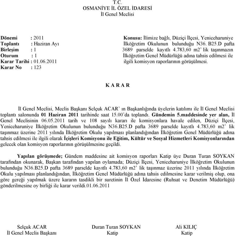 Karar No : 123 toplantı salonunda 01 Haziran 2011 tarihinde saat 15.00 da toplandı. Gündemin 5.maddesinde yer alan, İl Genel Meclisinin 06.05.