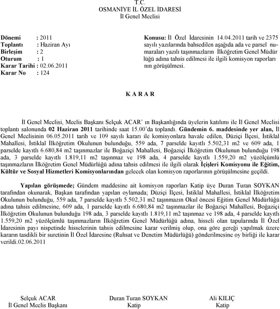 edilmesi ile ilgili komisyon raporları Karar Tarihi : 02.06.2011 nın görüşülmesi. Karar No : 124 toplantı salonunda 02 Haziran 2011 tarihinde saat 15.00 da toplandı. Gündemin 6.