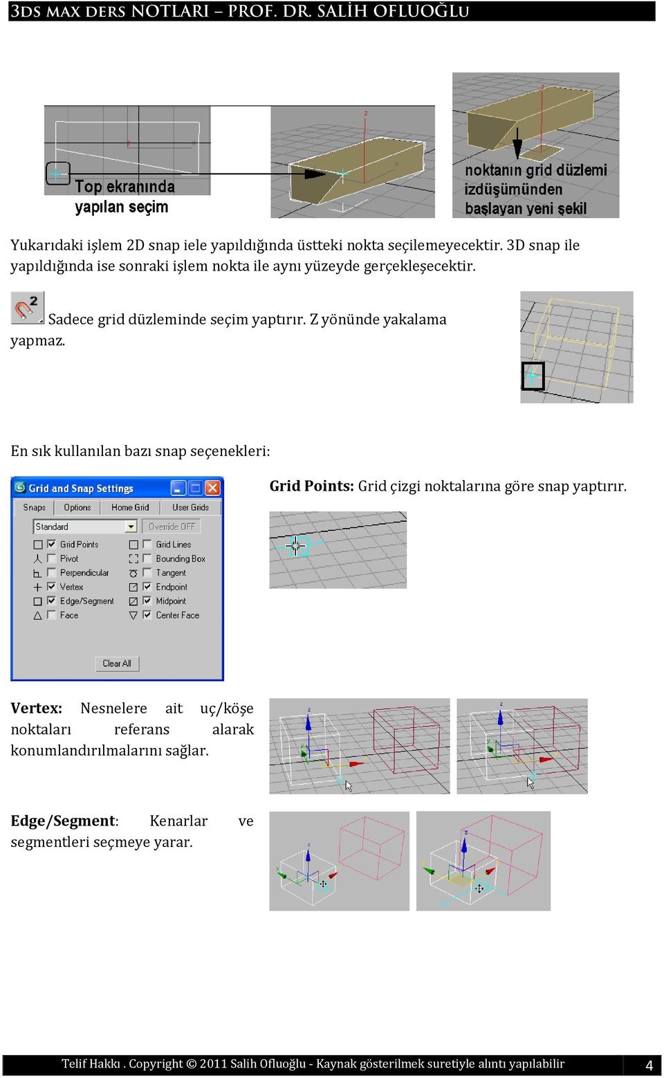 Z yönünde yakalama yapmaz. En sık kullanılan bazı snap seçenekleri: Grid Points: Grid çizgi noktalarına göre snap yaptırır.