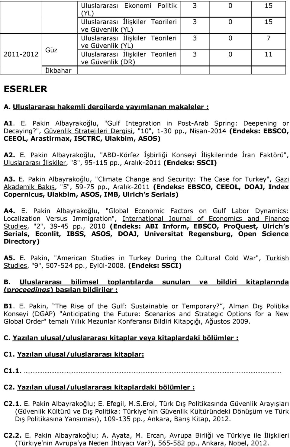 , Nisan-2014 (Endeks: EBSCO, CEEOL, Arastirmax, ISCTRC, Ulakbim, ASOS) A2. E. Pakin Albayrakoğlu, "ABD-Körfez İşbirliği Konseyi İlişkilerinde İran Faktörü", Uluslararası İlişkiler, "8", 95-115 pp.