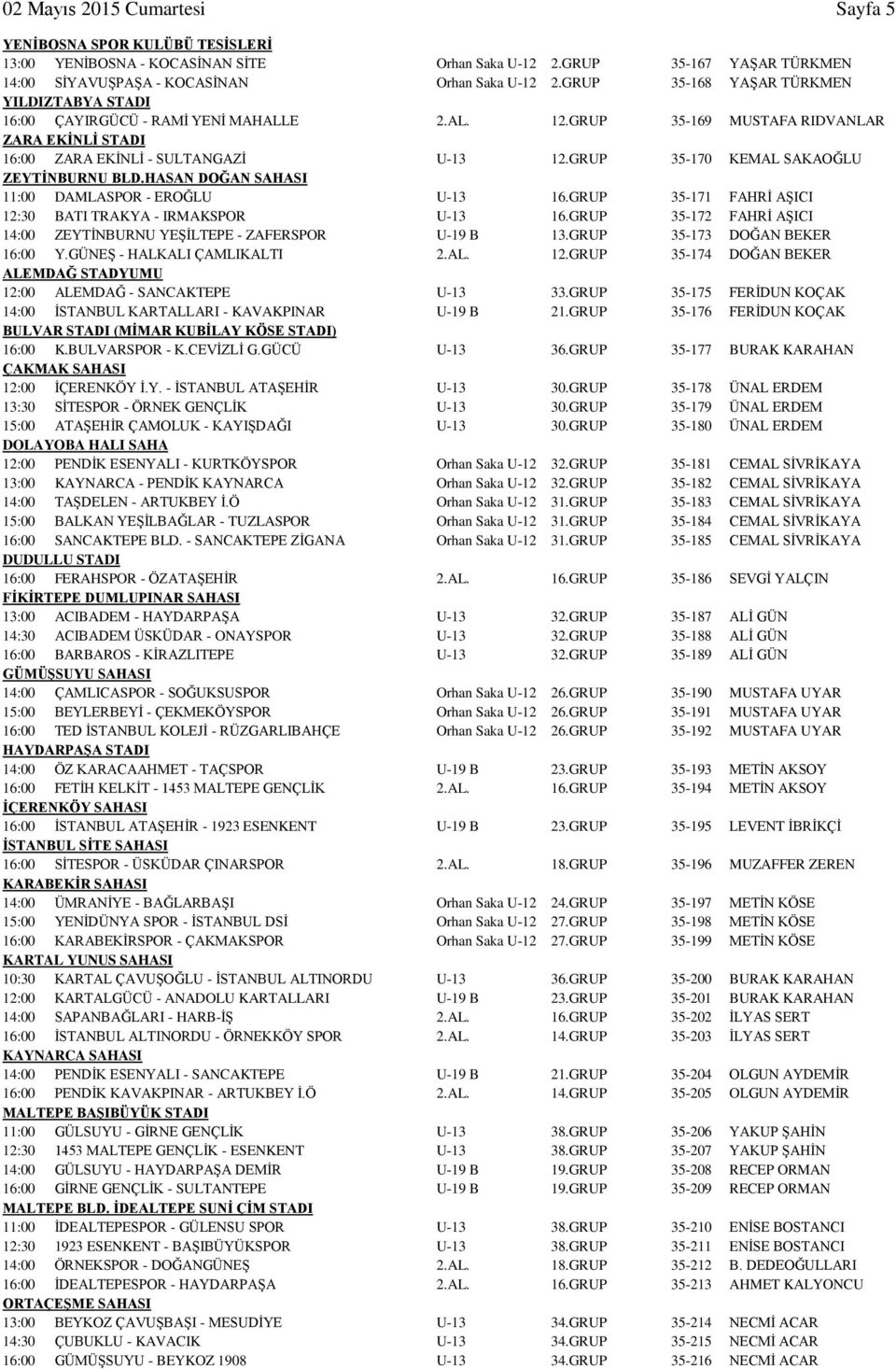 GRUP 35-170 KEMAL SAKAOĞLU ZEYTİNBURNU BLD.HASAN DOĞAN SAHASI 11:00 DAMLASPOR - EROĞLU U-13 16.GRUP 35-171 FAHRİ AŞICI 12:30 BATI TRAKYA - IRMAKSPOR U-13 16.