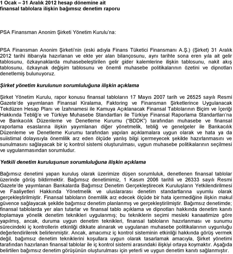 ) (Şirket) 31 Aralık 2012 tarihi itibarıyla hazırlanan ve ekte yer alan bilançosunu, aynı tarihte sona eren yıla ait gelir tablosunu, özkaynaklarda muhasebeleştirilen gelir gider kalemlerine ilişkin